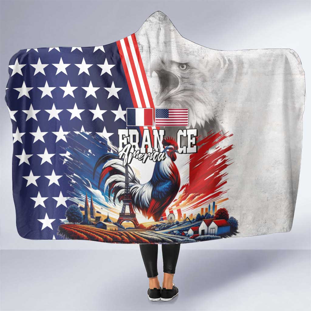 French-American Heritage Month Hooded Blanket National Flags Style with Rooster and Bald Eagle - Wonder Print Shop