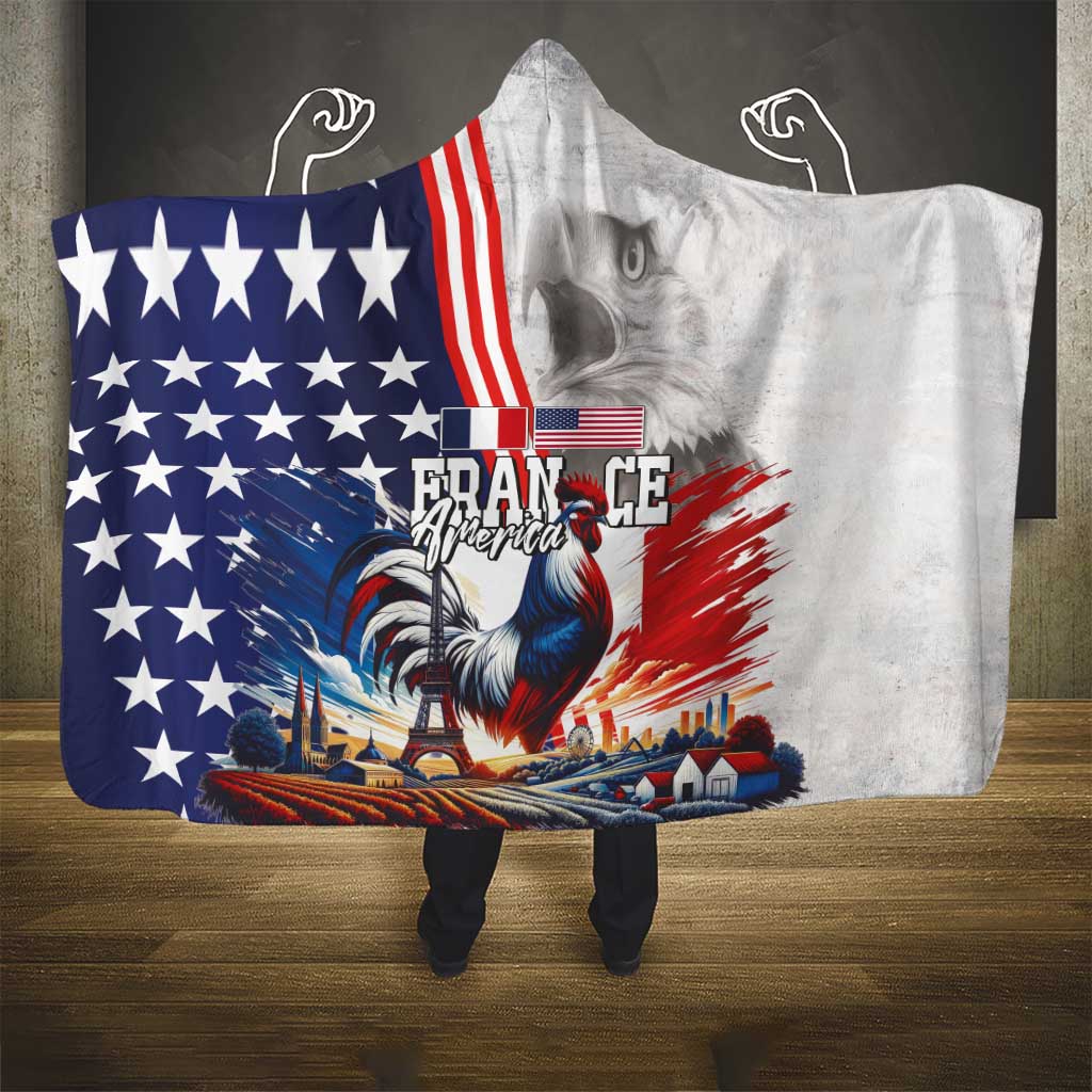 French-American Heritage Month Hooded Blanket National Flags Style with Rooster and Bald Eagle - Wonder Print Shop