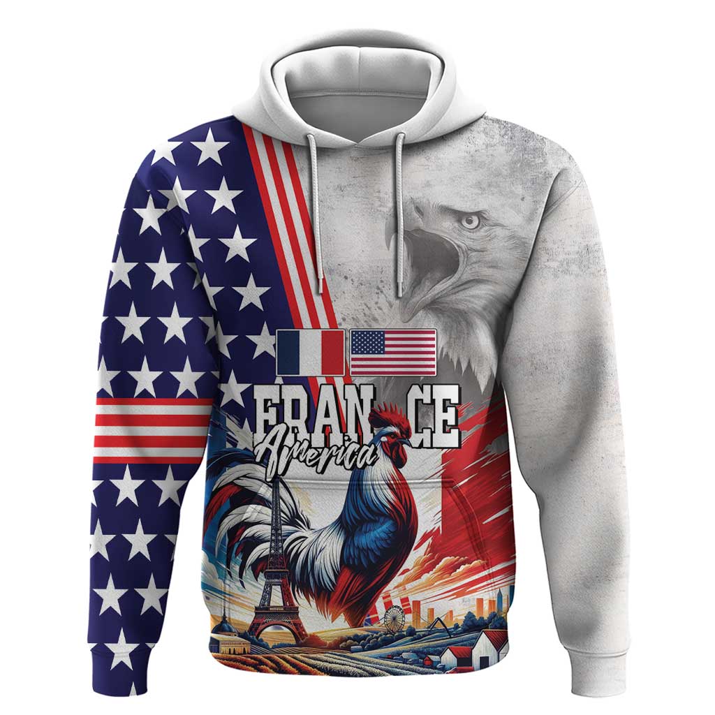 French-American Heritage Month Hoodie National Flags Style with Rooster and Bald Eagle - Wonder Print Shop