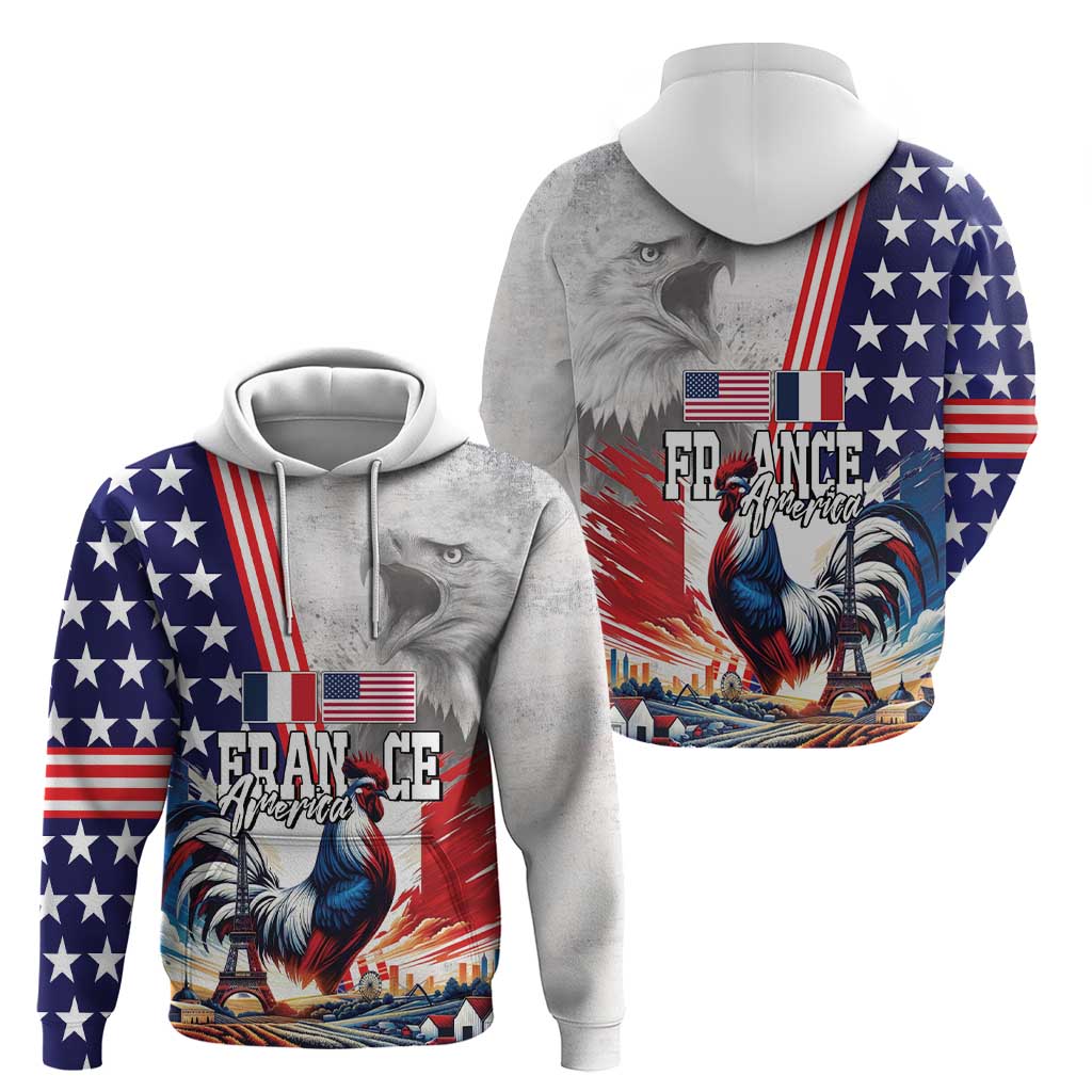 French-American Heritage Month Hoodie National Flags Style with Rooster and Bald Eagle - Wonder Print Shop