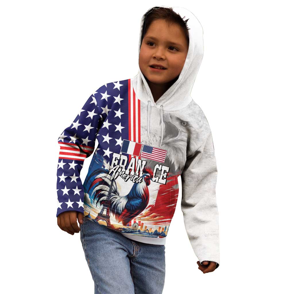 French-American Heritage Month Kid Hoodie National Flags Style with Rooster and Bald Eagle - Wonder Print Shop