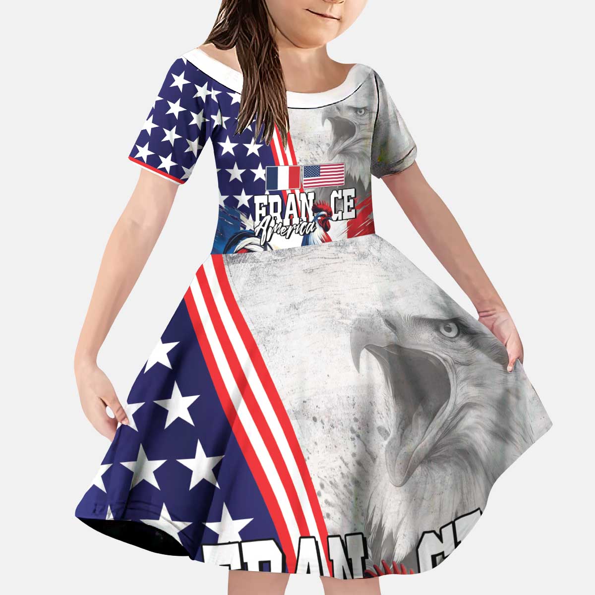 French-American Heritage Month Kid Short Sleeve Dress National Flags Style with Rooster and Bald Eagle - Wonder Print Shop