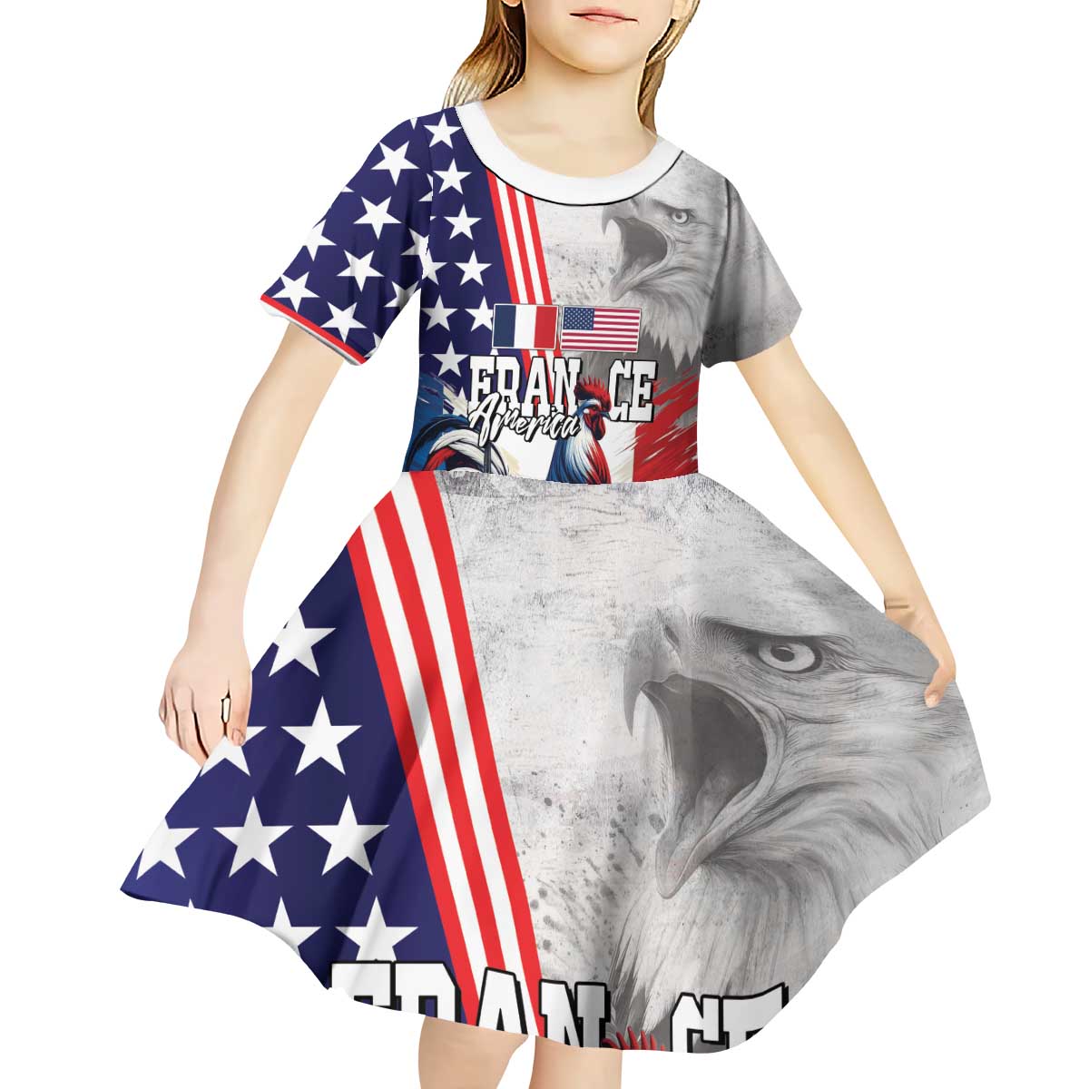 French-American Heritage Month Kid Short Sleeve Dress National Flags Style with Rooster and Bald Eagle - Wonder Print Shop