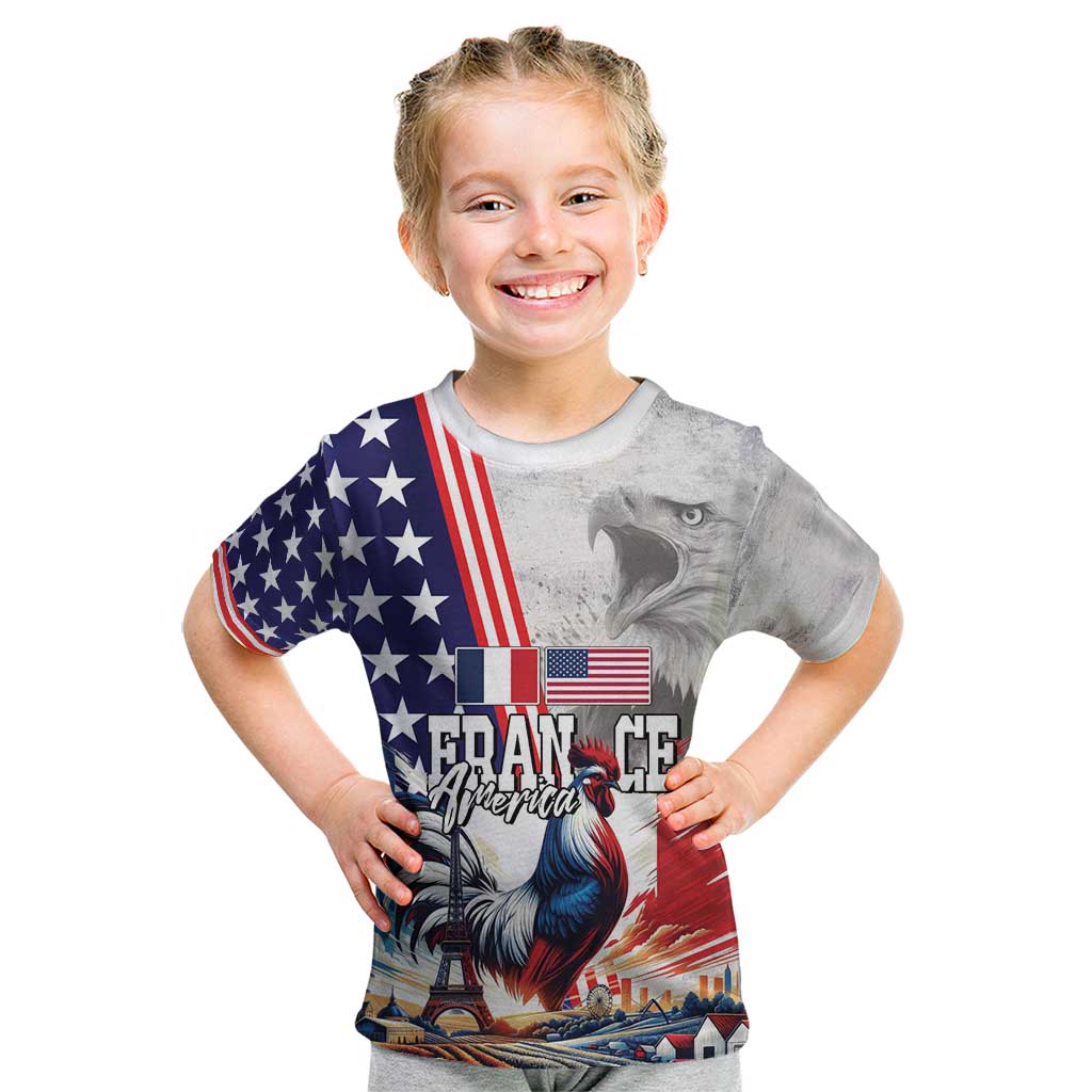 French-American Heritage Month Kid T Shirt National Flags Style with Rooster and Bald Eagle - Wonder Print Shop