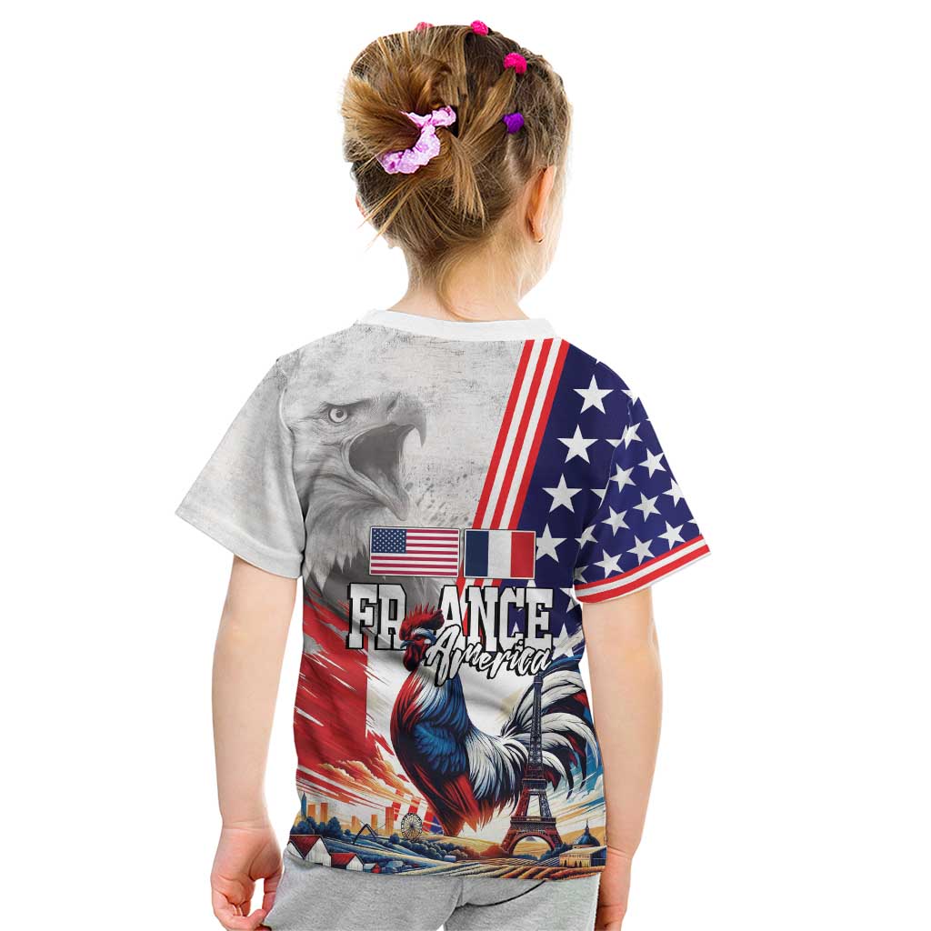 French-American Heritage Month Kid T Shirt National Flags Style with Rooster and Bald Eagle - Wonder Print Shop