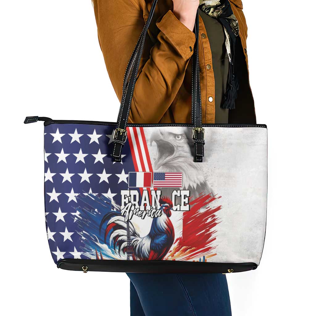 French-American Heritage Month Leather Tote Bag National Flags Style with Rooster and Bald Eagle - Wonder Print Shop