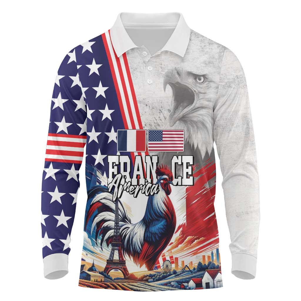 French-American Heritage Month Long Sleeve Polo Shirt National Flags Style with Rooster and Bald Eagle - Wonder Print Shop