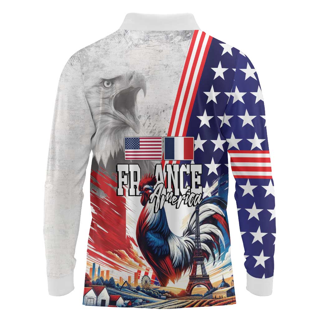 French-American Heritage Month Long Sleeve Polo Shirt National Flags Style with Rooster and Bald Eagle - Wonder Print Shop