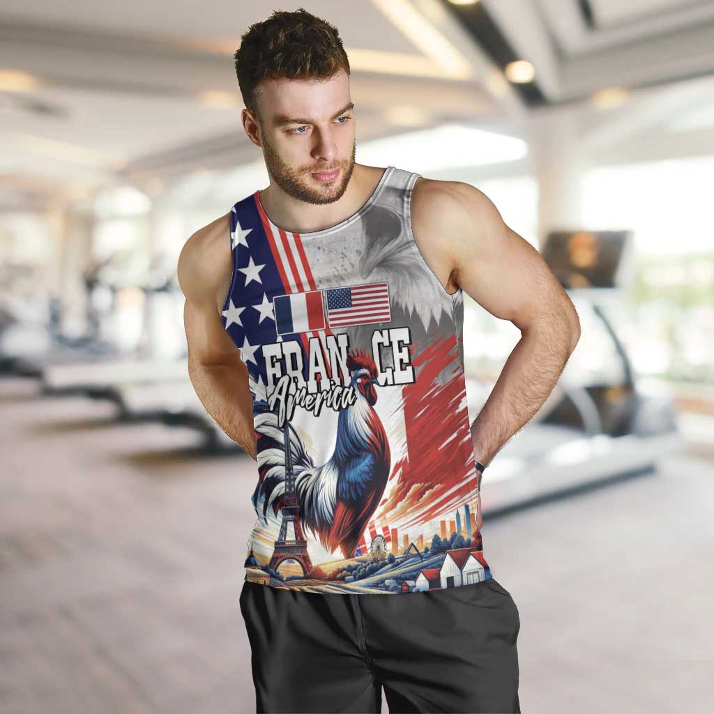 French-American Heritage Month Men Tank Top National Flags Style with Rooster and Bald Eagle - Wonder Print Shop