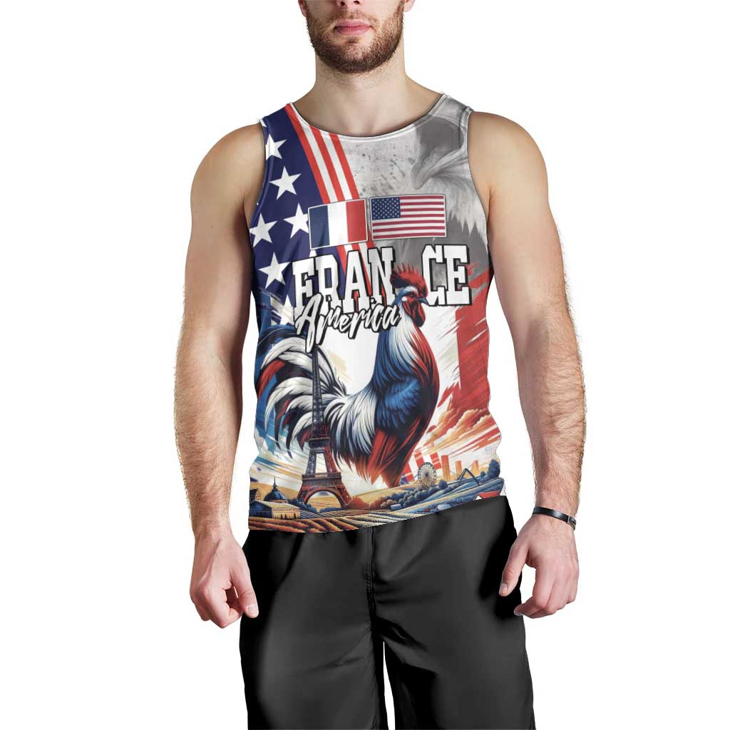 French-American Heritage Month Men Tank Top National Flags Style with Rooster and Bald Eagle - Wonder Print Shop