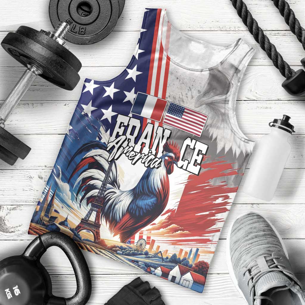 French-American Heritage Month Men Tank Top National Flags Style with Rooster and Bald Eagle - Wonder Print Shop