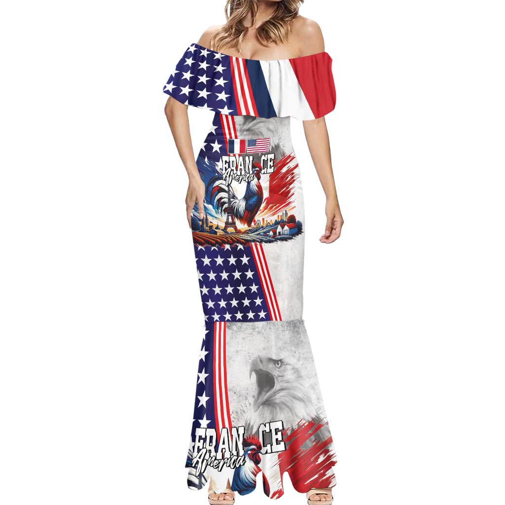 French-American Heritage Month Mermaid Dress National Flags Style with Rooster and Bald Eagle - Wonder Print Shop