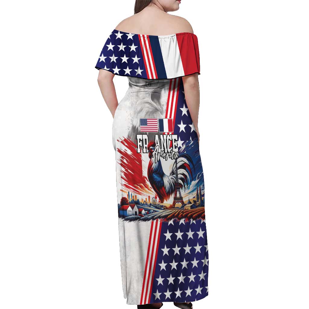 French-American Heritage Month Off Shoulder Maxi Dress National Flags Style with Rooster and Bald Eagle - Wonder Print Shop