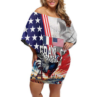 French-American Heritage Month Off Shoulder Short Dress National Flags Style with Rooster and Bald Eagle - Wonder Print Shop