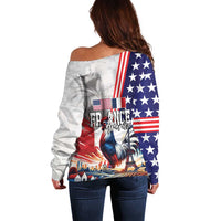 French-American Heritage Month Off Shoulder Sweater National Flags Style with Rooster and Bald Eagle - Wonder Print Shop