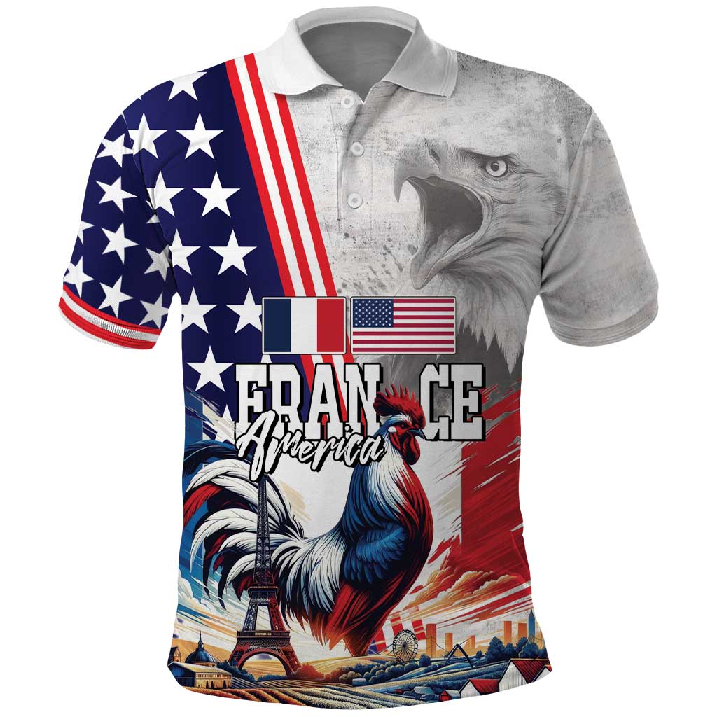 French-American Heritage Month Polo Shirt National Flags Style with Rooster and Bald Eagle - Wonder Print Shop