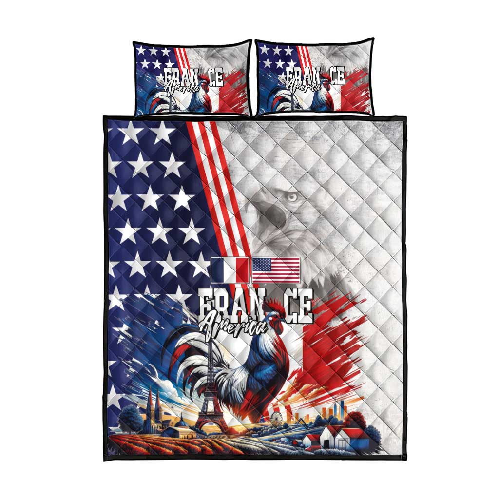 French-American Heritage Month Quilt Bed Set National Flags Style with Rooster and Bald Eagle - Wonder Print Shop