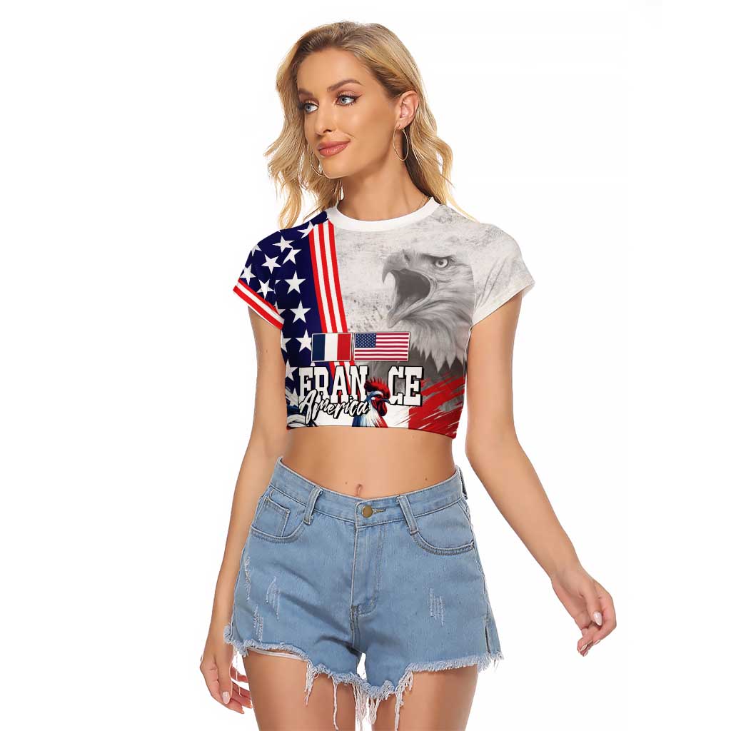 French-American Heritage Month Raglan Cropped T Shirt National Flags Style with Rooster and Bald Eagle - Wonder Print Shop