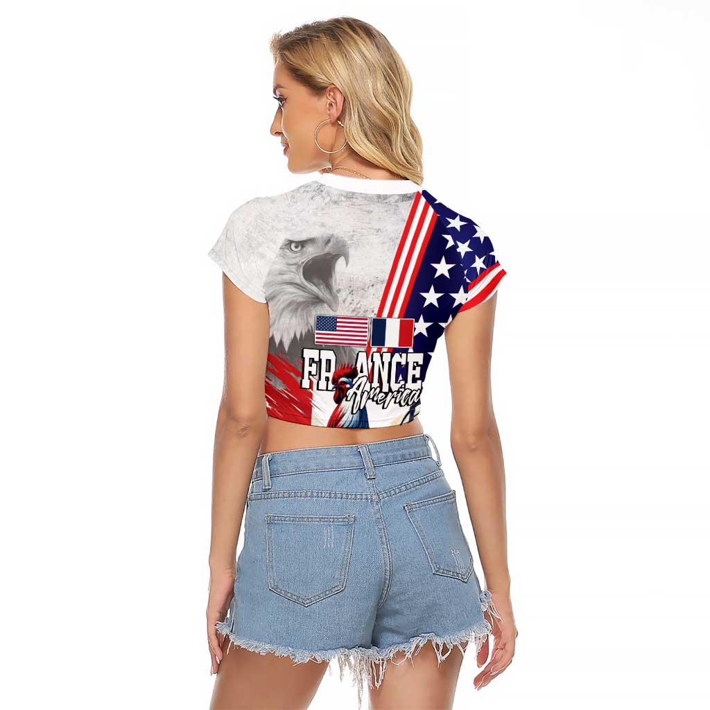 French-American Heritage Month Raglan Cropped T Shirt National Flags Style with Rooster and Bald Eagle - Wonder Print Shop