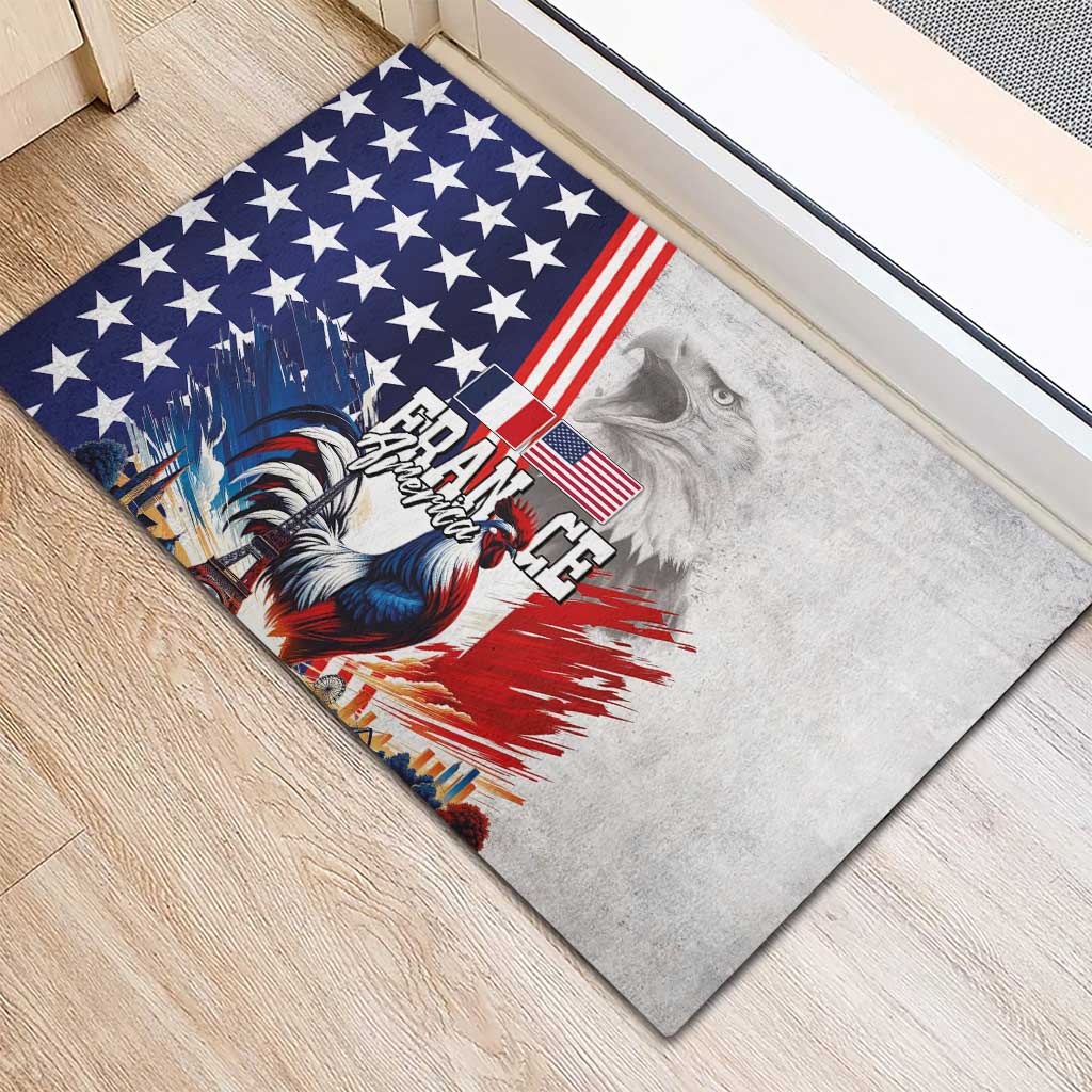 French-American Heritage Month Rubber Doormat National Flags Style with Rooster and Bald Eagle - Wonder Print Shop
