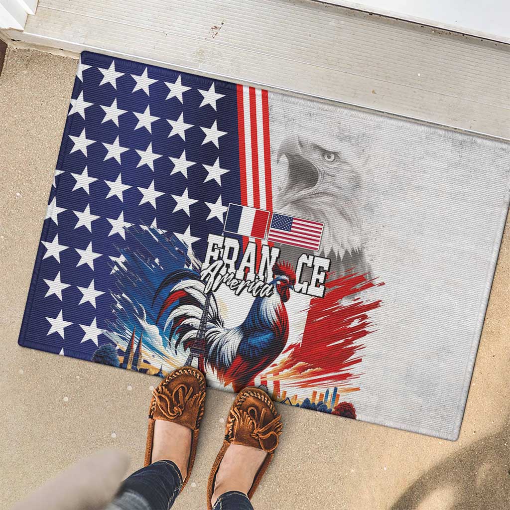 French-American Heritage Month Rubber Doormat National Flags Style with Rooster and Bald Eagle - Wonder Print Shop