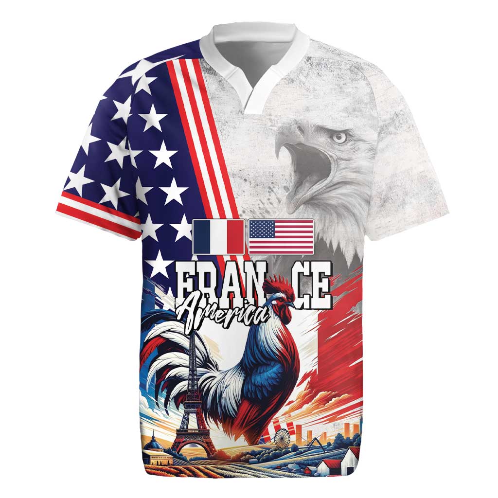French-American Heritage Month Rugby Jersey National Flags Style with Rooster and Bald Eagle - Wonder Print Shop
