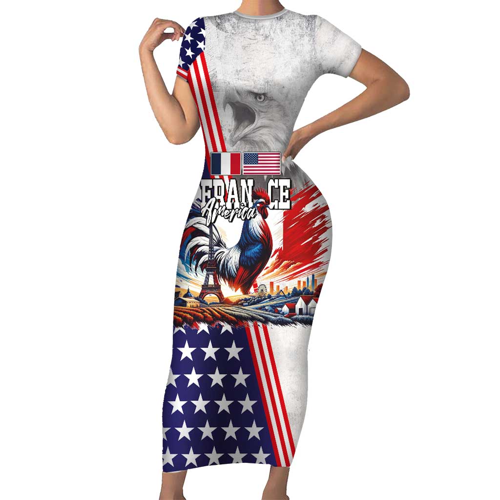 French-American Heritage Month Short Sleeve Bodycon Dress National Flags Style with Rooster and Bald Eagle - Wonder Print Shop