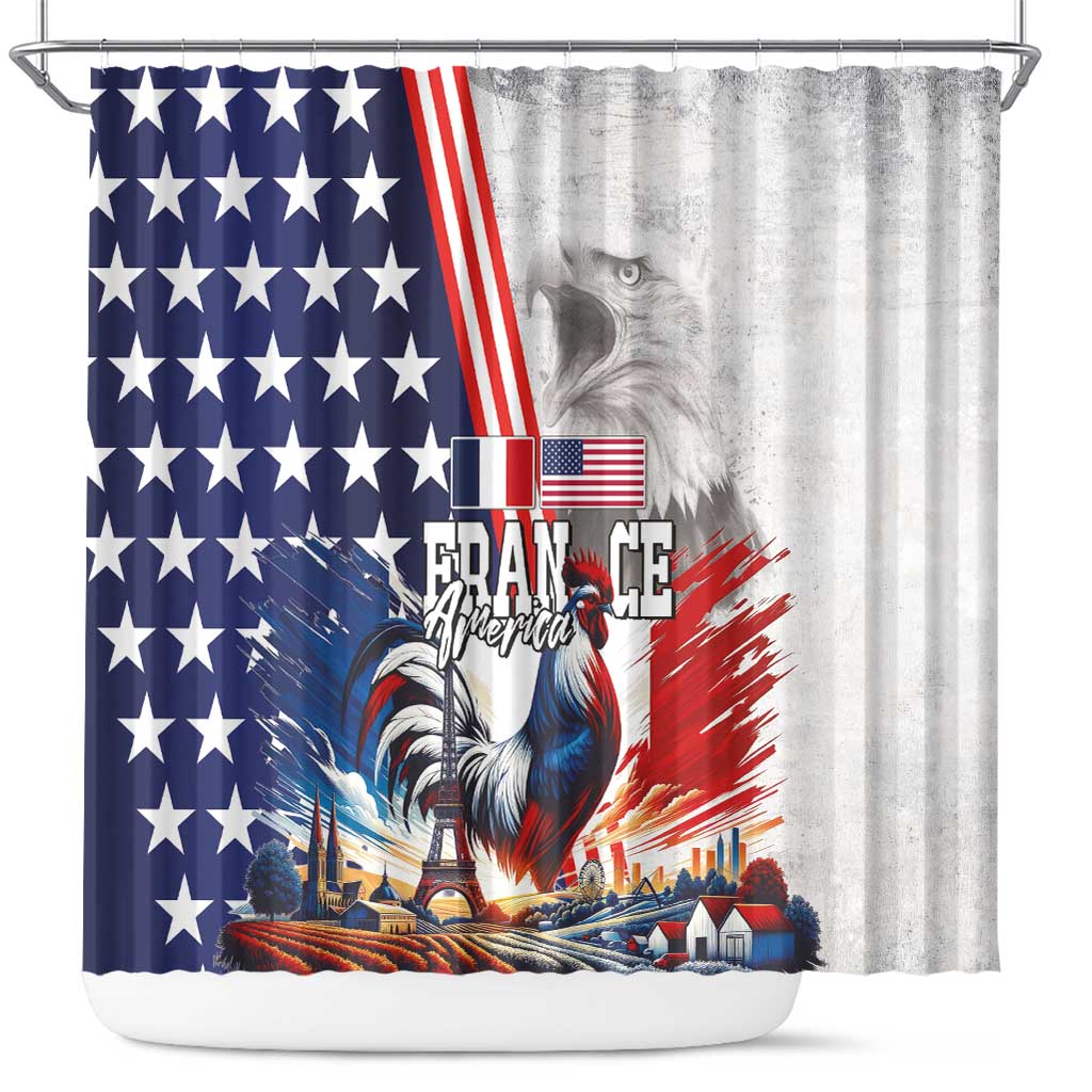 French-American Heritage Month Shower Curtain National Flags Style with Rooster and Bald Eagle - Wonder Print Shop