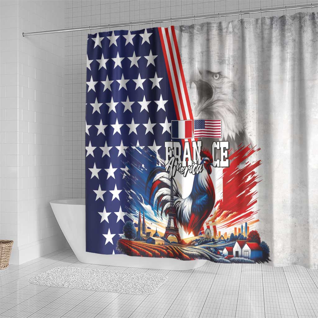 French-American Heritage Month Shower Curtain National Flags Style with Rooster and Bald Eagle - Wonder Print Shop