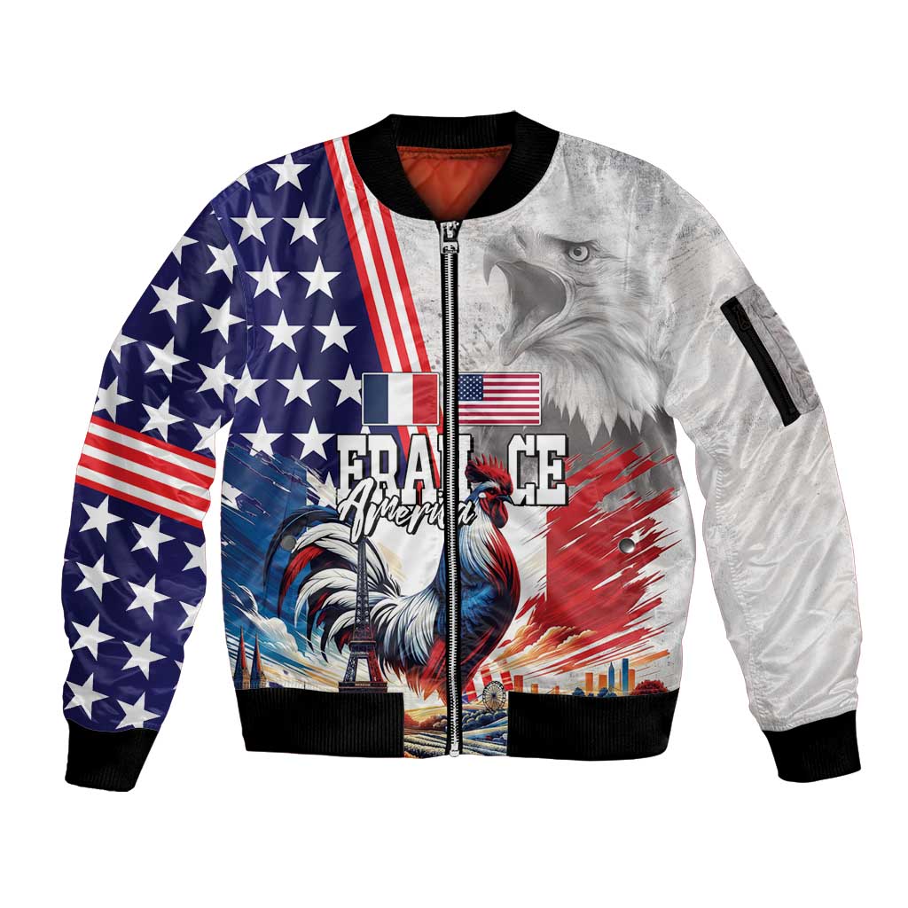 French-American Heritage Month Sleeve Zip Bomber Jacket National Flags Style with Rooster and Bald Eagle - Wonder Print Shop