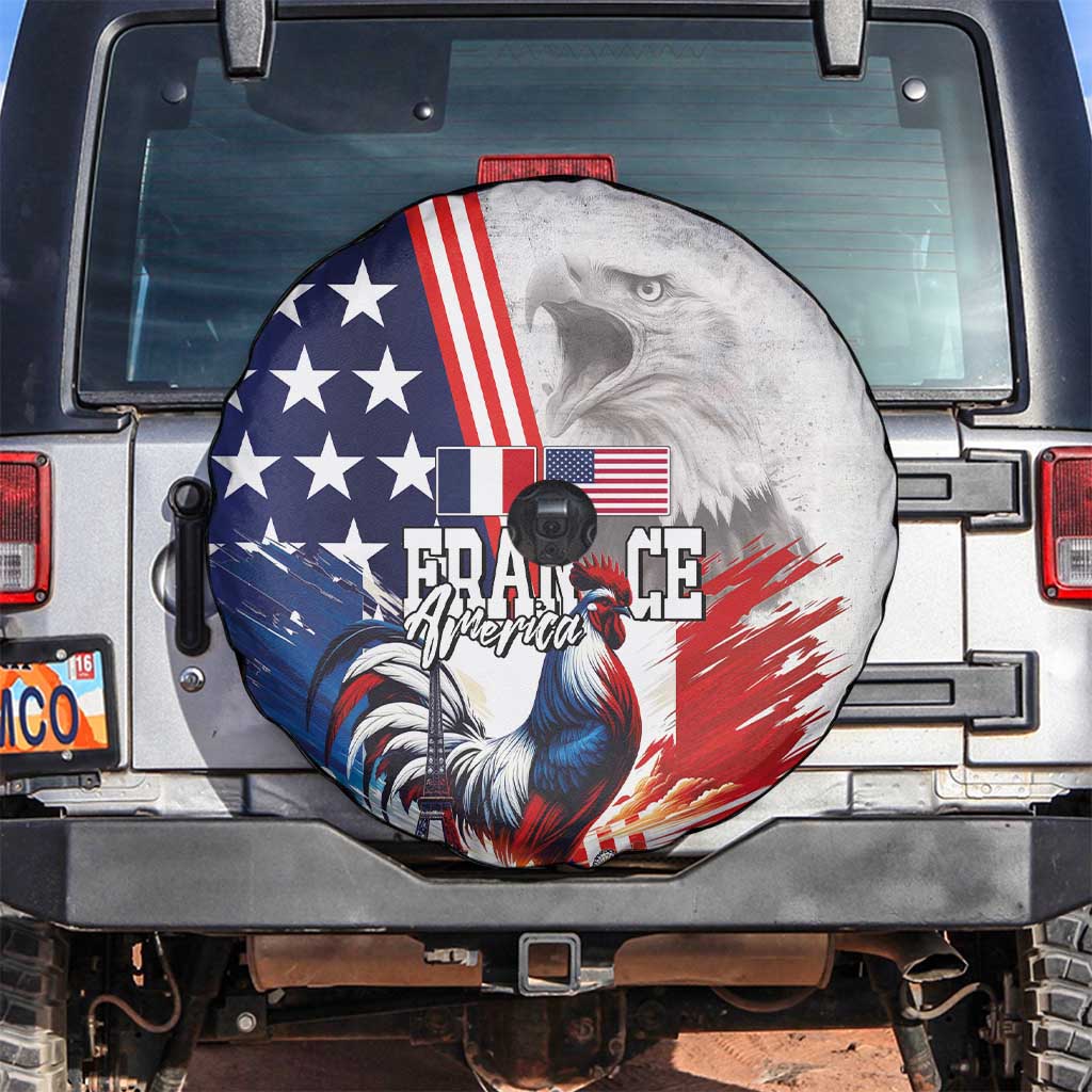 French-American Heritage Month Spare Tire Cover National Flags Style with Rooster and Bald Eagle - Wonder Print Shop