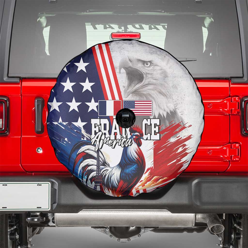 French-American Heritage Month Spare Tire Cover National Flags Style with Rooster and Bald Eagle - Wonder Print Shop