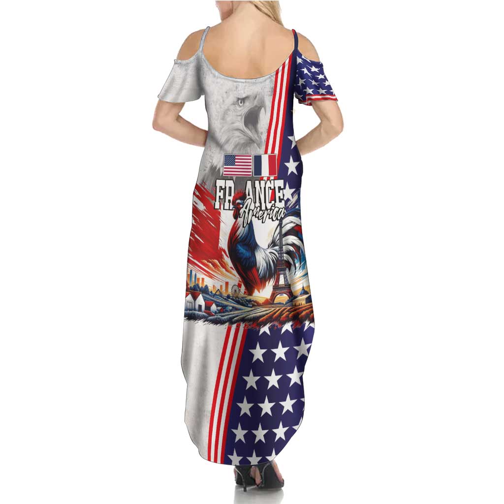 French-American Heritage Month Summer Maxi Dress National Flags Style with Rooster and Bald Eagle - Wonder Print Shop