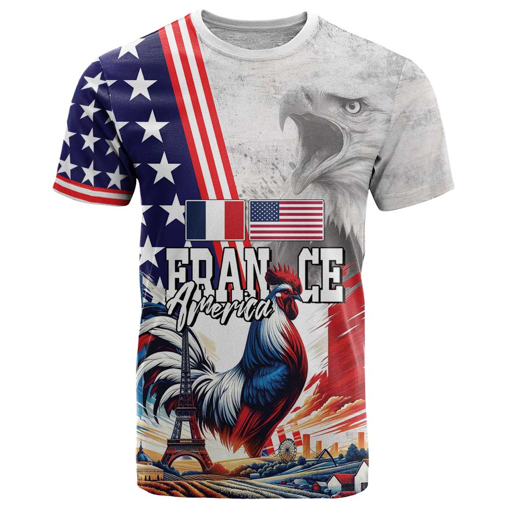 French-American Heritage Month T Shirt National Flags Style with Rooster and Bald Eagle - Wonder Print Shop