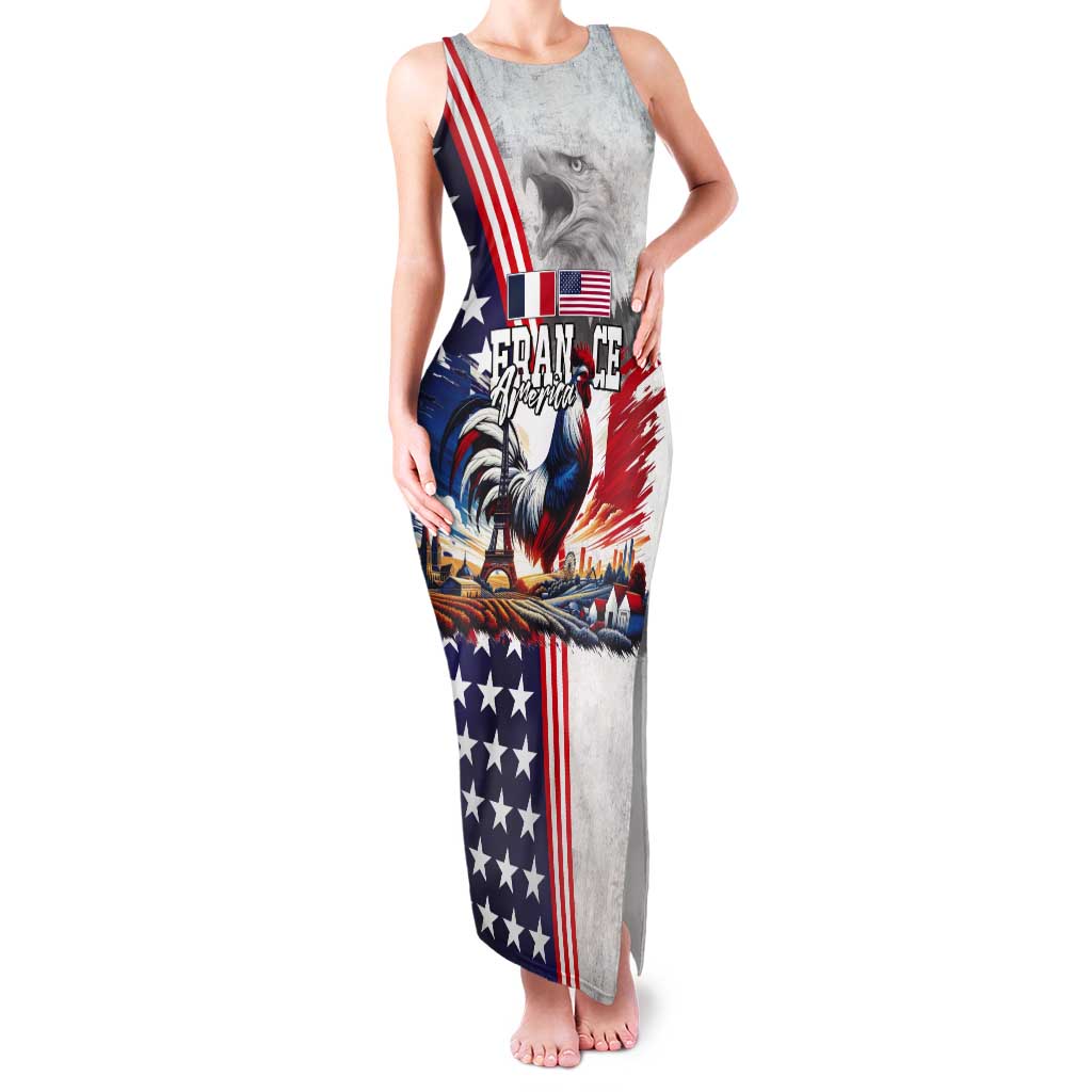 French-American Heritage Month Tank Maxi Dress National Flags Style with Rooster and Bald Eagle - Wonder Print Shop