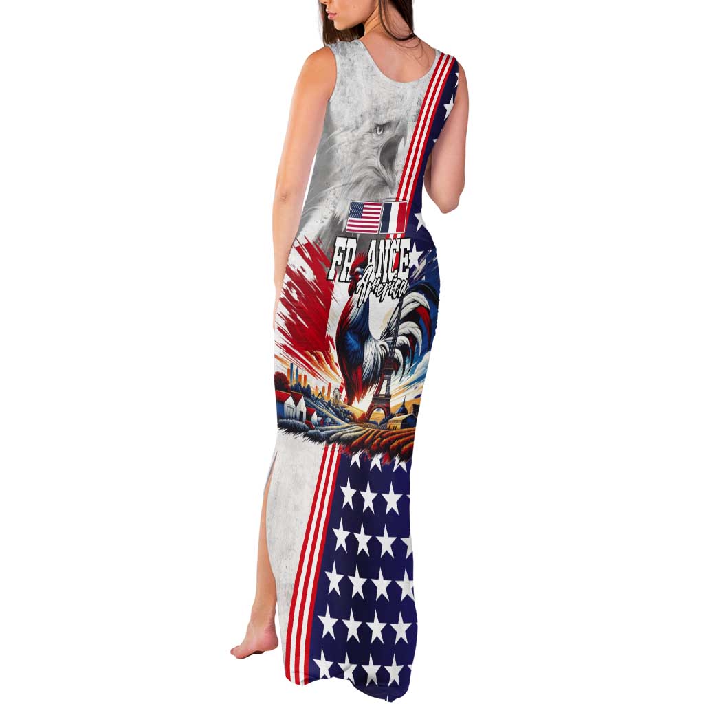 French-American Heritage Month Tank Maxi Dress National Flags Style with Rooster and Bald Eagle - Wonder Print Shop