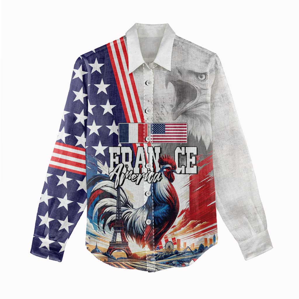 French-American Heritage Month Women Casual Shirt National Flags Style with Rooster and Bald Eagle - Wonder Print Shop
