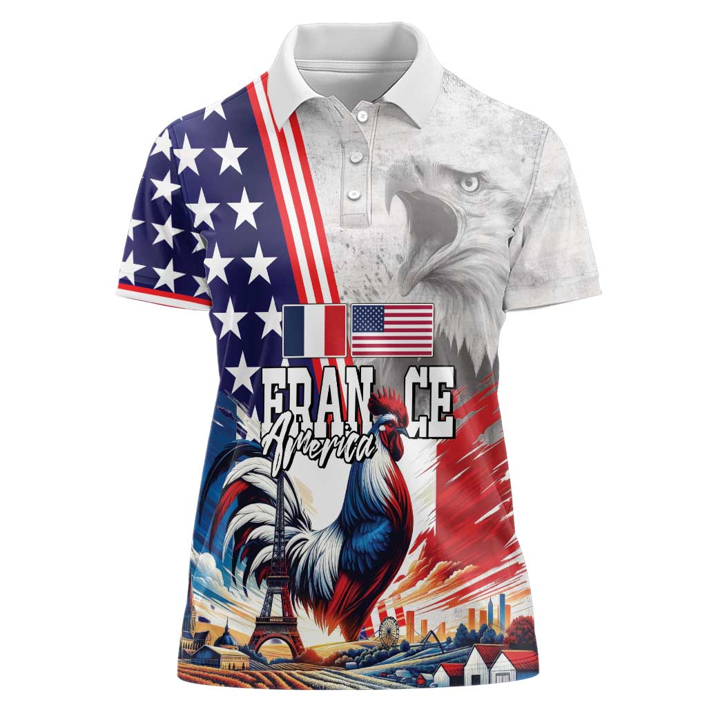 French-American Heritage Month Women Polo Shirt National Flags Style with Rooster and Bald Eagle - Wonder Print Shop