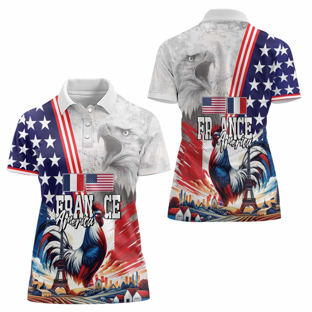 French-American Heritage Month Women Polo Shirt National Flags Style with Rooster and Bald Eagle - Wonder Print Shop