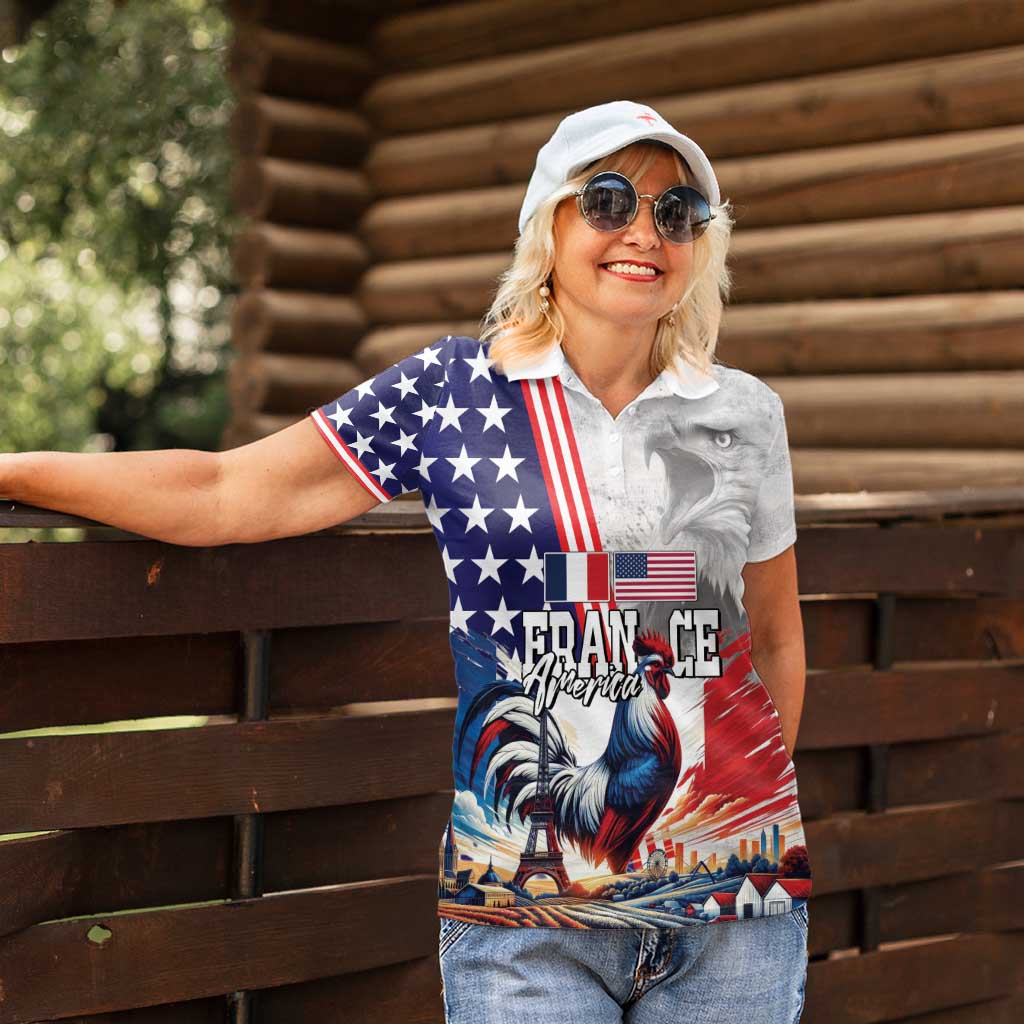 French-American Heritage Month Women Polo Shirt National Flags Style with Rooster and Bald Eagle - Wonder Print Shop