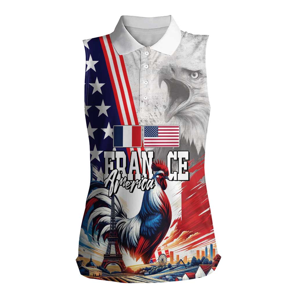 French-American Heritage Month Women Sleeveless Polo Shirt National Flags Style with Rooster and Bald Eagle - Wonder Print Shop