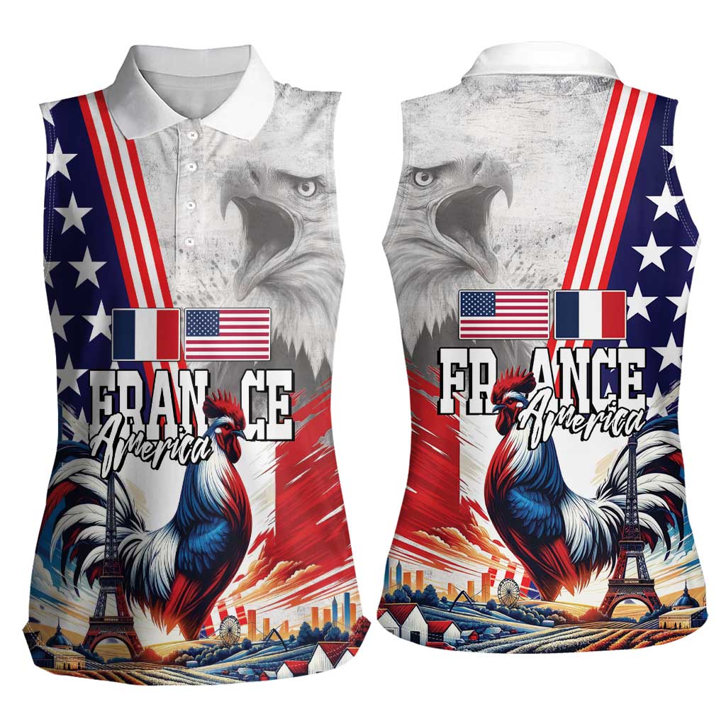 French-American Heritage Month Women Sleeveless Polo Shirt National Flags Style with Rooster and Bald Eagle - Wonder Print Shop