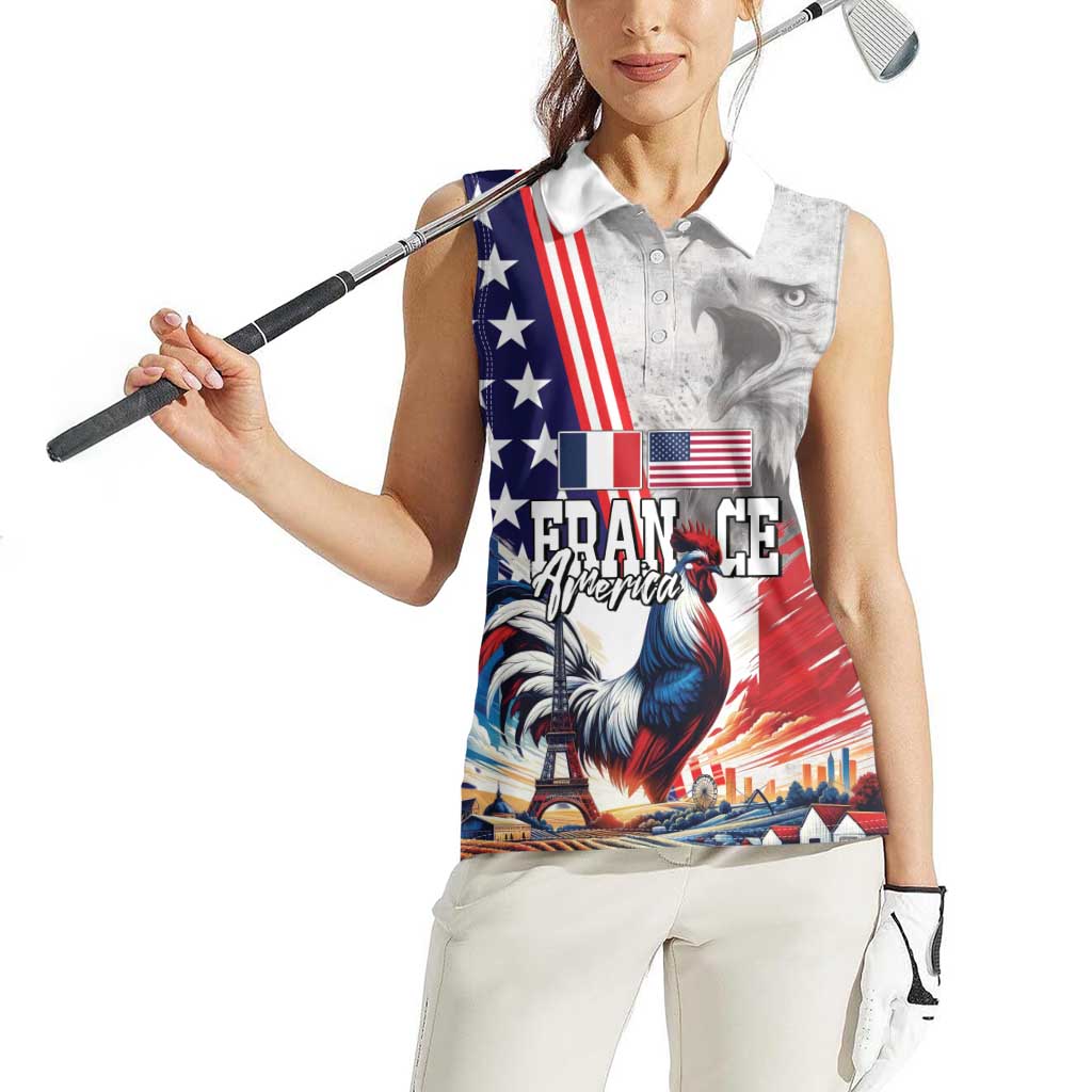 French-American Heritage Month Women Sleeveless Polo Shirt National Flags Style with Rooster and Bald Eagle - Wonder Print Shop