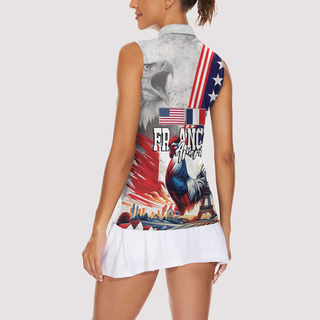 French-American Heritage Month Women Sleeveless Polo Shirt National Flags Style with Rooster and Bald Eagle - Wonder Print Shop