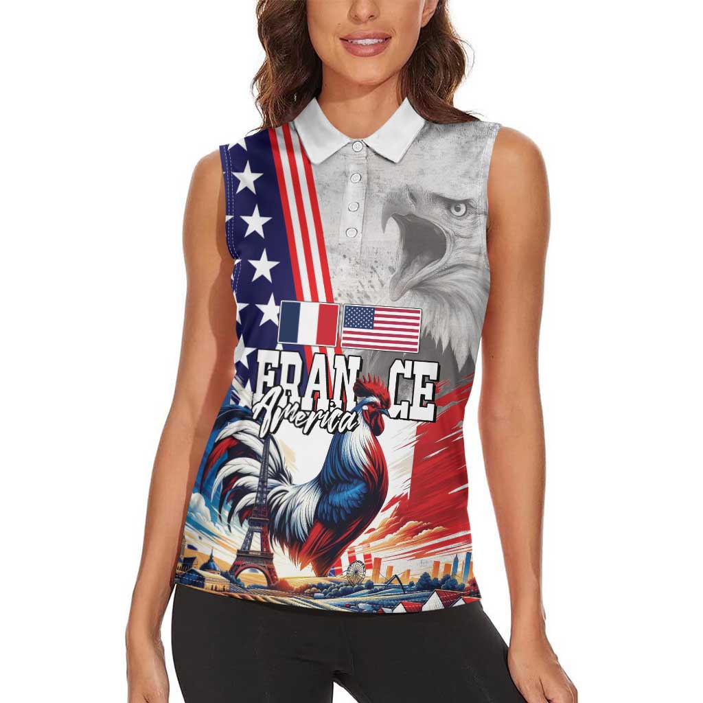 French-American Heritage Month Women Sleeveless Polo Shirt National Flags Style with Rooster and Bald Eagle - Wonder Print Shop
