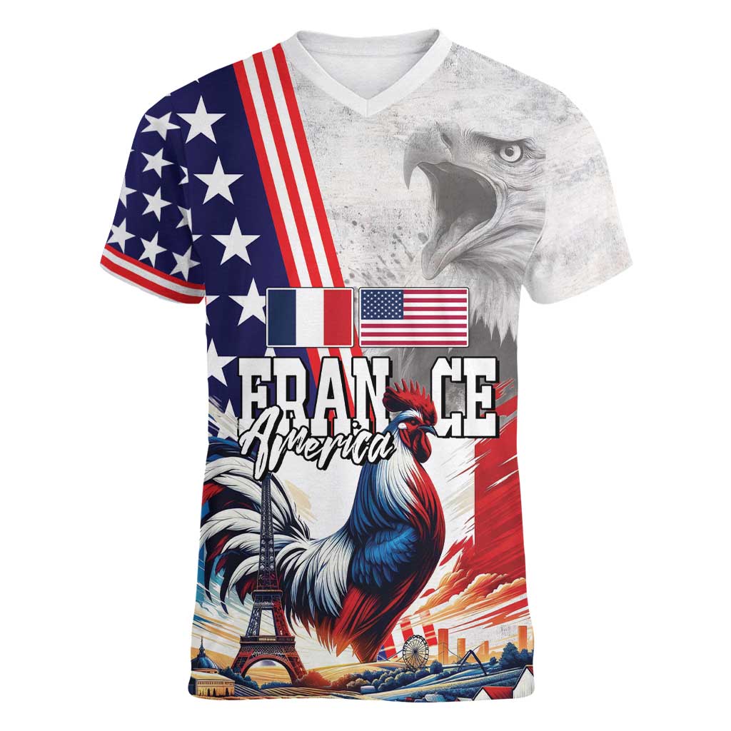 French-American Heritage Month Women V-Neck T-Shirt National Flags Style with Rooster and Bald Eagle - Wonder Print Shop