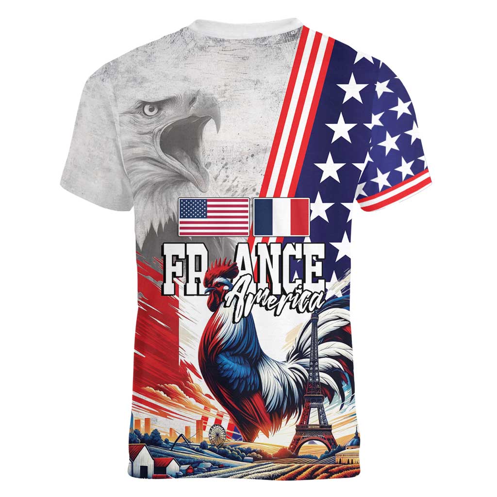 French-American Heritage Month Women V-Neck T-Shirt National Flags Style with Rooster and Bald Eagle - Wonder Print Shop