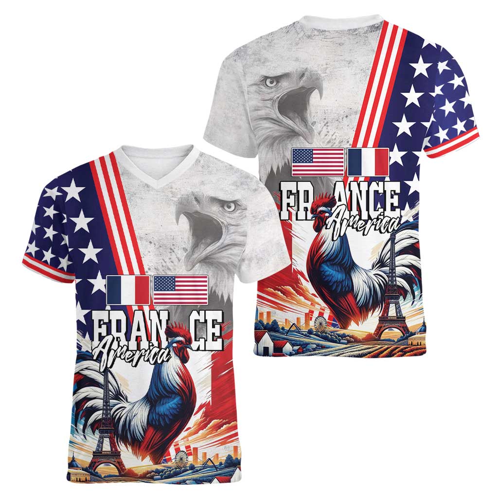 French-American Heritage Month Women V-Neck T-Shirt National Flags Style with Rooster and Bald Eagle - Wonder Print Shop