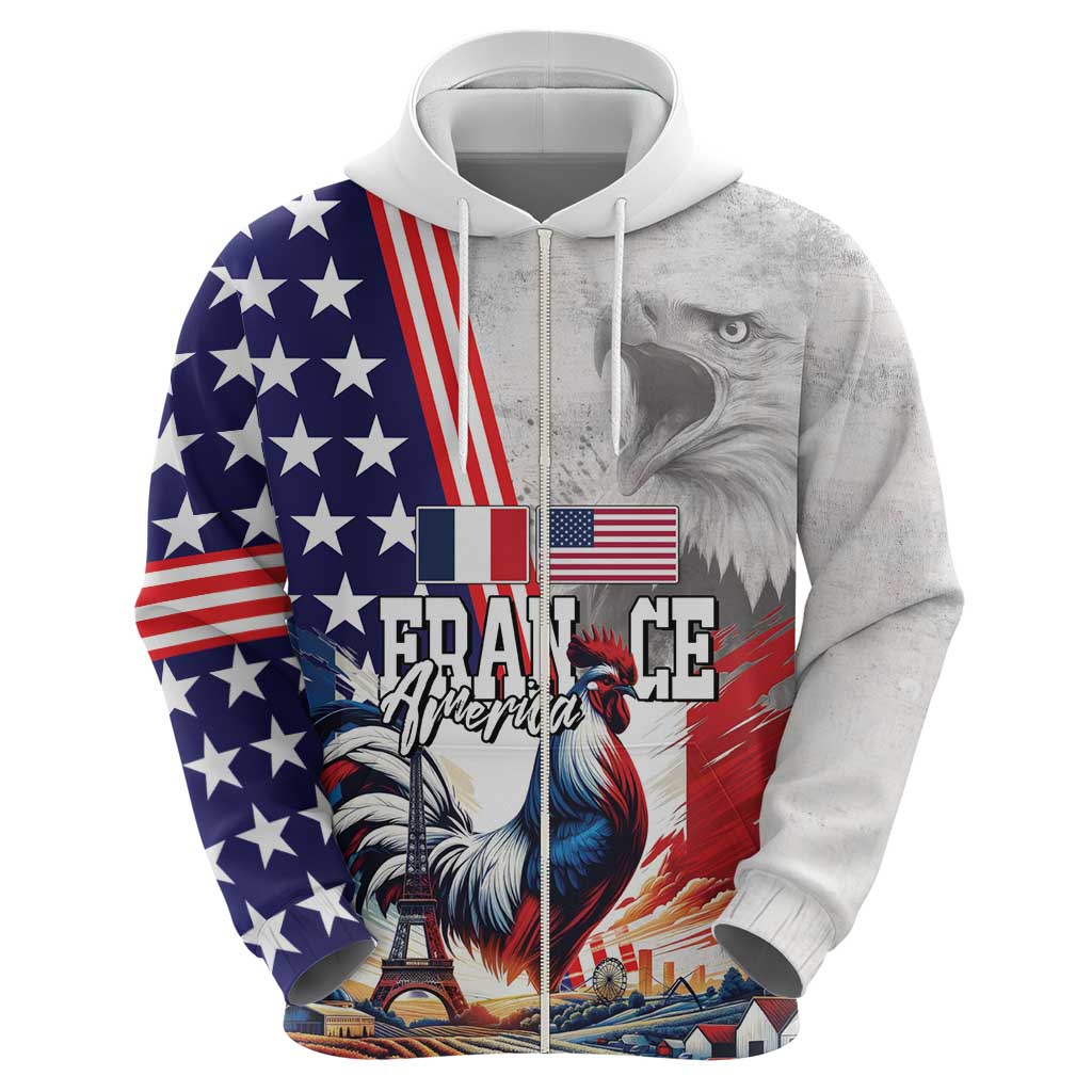 French-American Heritage Month Zip Hoodie National Flags Style with Rooster and Bald Eagle - Wonder Print Shop