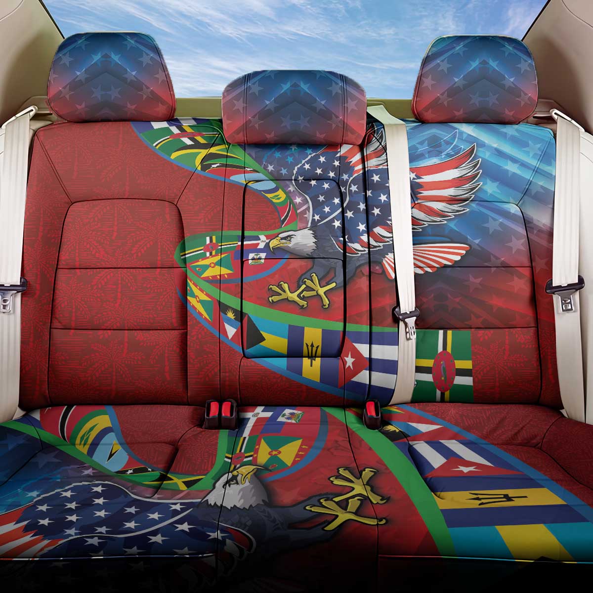 Caribbean-American Heritage Month Back Car Seat Cover National Flags Ribbon Wave Style with US Flag Eagle - Wonder Print Shop
